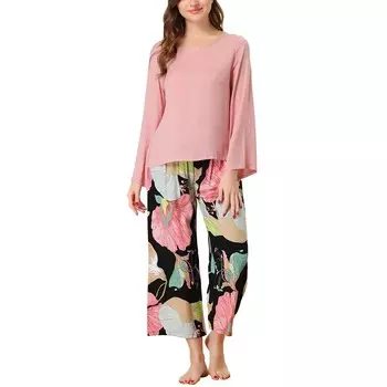 Женские капри с длинными рукавами из 2 предметов, комплект для отдыха с цветочным принтом, пижамные комплекты Cheibear, розовый