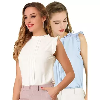 Женские комплекты из 2 комплектов офисных винтажных рабочих блузок без рукавов с круглым вырезом и рюшами, топ ALLEGRA K, цвет White Or Blue