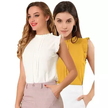 Женские комплекты из 2 комплектов офисных винтажных рабочих блузок без рукавов с круглым вырезом и рюшами, топ ALLEGRA K, цвет White Or Yellow