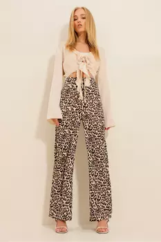 Женские коричневые эластичные тканые брюки-палаццо с леопардовым узором на спине Trend Alaat Stili, коричневый