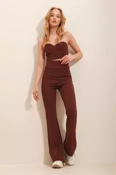 Женские коричневые брюки из лайкры с высокой талией и расклешенными штанинами спереди Trend Alaat Stili, коричневый