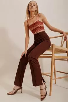 Женские коричневые брюки из лайкры с завышенной талией и разрезом спереди Trend Alaat Stili, коричневый
