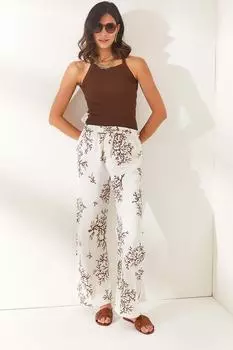 Женские коричневые брюки-палаццо с поясом и узором из льна Olalook, зеленый