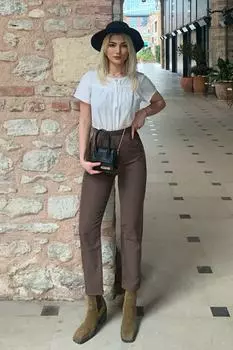 Женские коричневые брюки стандартного кроя с эластичной резинкой на талии длиной до щиколотки Trend Alaat Stili, коричневый