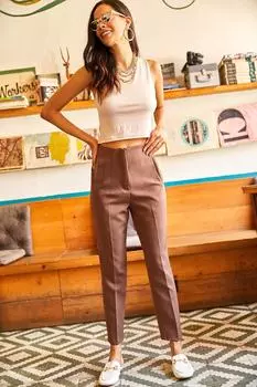 Женские коричневые фланелевые брюки с карманами и атласной тканью Olalook, коричневый