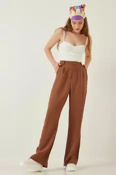 Женские коричневые льняные брюки-палаццо с завышенной талией Happiness stanbul, коричневый