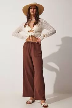 Женские коричневые летние брюки с широкими карманами, расшитые бисером Happiness stanbul, коричневый