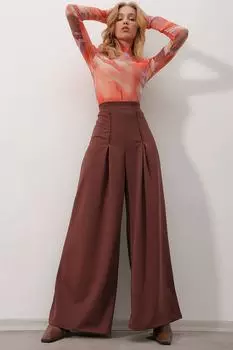 Женские коричневые плиссированные брюки-палаццо с высокой талией и эластичной резинкой на талии ALC-X9811 Trend Alaat Stili, коричневый