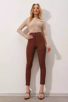 Женские коричневые прошитые тканые брюки в рубчик с высокой талией Trend Alaat Stili, коричневый