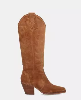 Женские ковбойские сапоги из замши с вышивкой и блочным каблуком Alpe, коричневый