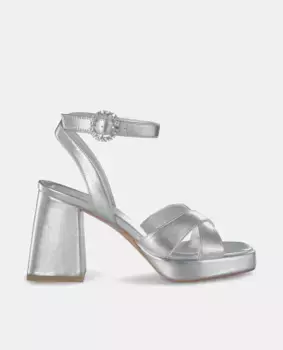 Женские кожаные босоножки на каблуке с квадратным носком Alma en Pena, серебрянный