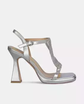 Женские кожаные босоножки на каблуке с сеткой из стразов Alma en Pena, серебряный