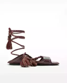 Женские кожаные босоножки на плоской подошве с ремешками на щиколотке и декоративной бахромой Parfois, темно-коричневый