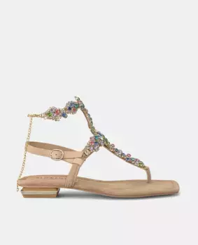 Женские кожаные босоножки на плоской подошве со стразами Alma en Pena, бежевый