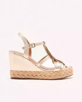 Женские кожаные босоножки на танкетке с бахромой и джутовой оплеткой Gioseppo, золото