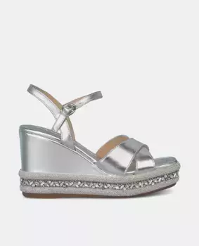 Женские кожаные босоножки на танкетке с квадратным носком Alma en Pena, серебрянный