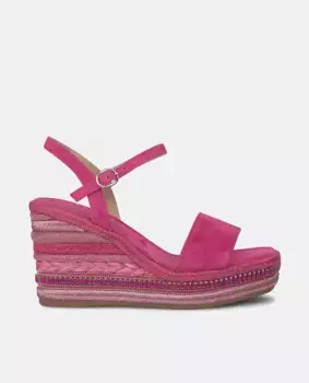 Женские кожаные босоножки на танкетке с квадратным носком Alma en Pena, фуксия