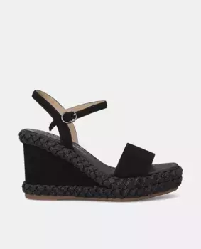 Женские кожаные босоножки на танкетке с квадратным носком Alma en Pena, черный