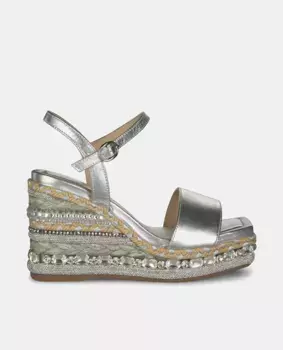 Женские кожаные босоножки на танкетке с плетеными деталями Alma en Pena, серебряный