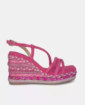 Женские кожаные босоножки на танкетке с плетеными деталями Alma en Pena, фуксия