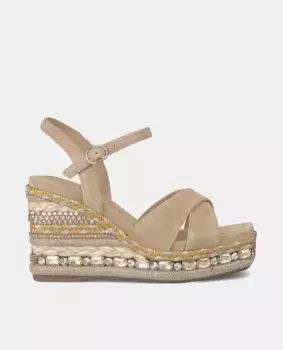 Женские кожаные босоножки на танкетке с тесьмой и стразами на танкетке Alma en Pena, бежевый