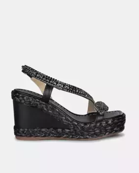 Женские кожаные босоножки на танкетке со стразами под змеиную кожу Alma en Pena, черный
