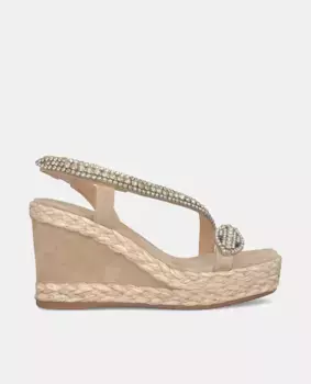 Женские кожаные босоножки на танкетке со стразами и змеей Alma en Pena, бежевый