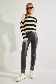 Женские кожаные брюки каштанового цвета с разрезами на штанинах SHADE, черный