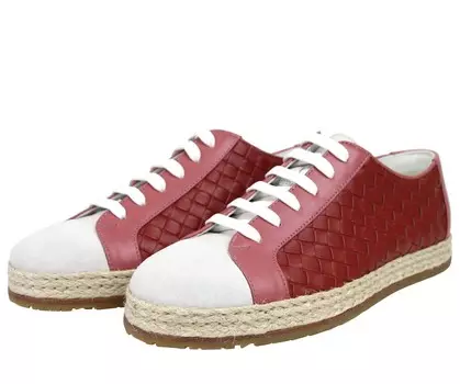 Женские кожаные плетеные кроссовки на шнуровке Bottega Veneta, цвет Pink / Red