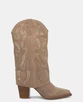 Женские кожаные сапоги на каблуке со стразами на голенище Alma en Pena, бежевый