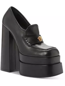 Женские кожаные туфли-лоферы Mocassino Vitellino на каблуках Versace, черный