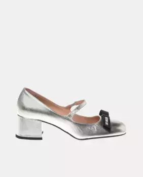 Женские кожаные туфли Mary Janes на плоской подошве с бантом на толстом каблуке Love Moschino, серебрянный