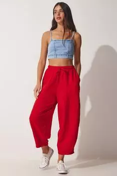 Женские красные льняные брюки-шалвар с карманами из вискозы Happiness stanbul, красный