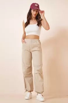 Женские кремовые брюки-карго премиум-класса с завязками Happiness stanbul, бежевый