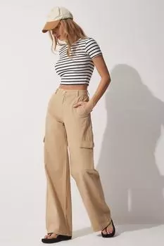 Женские кремовые брюки-карго прямого кроя Happiness stanbul, бежевый