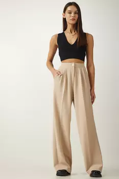 Женские кремовые брюки-палаццо со складками Happiness stanbul, бежевый
