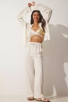 Женские кремовые летние льняные брюки-палаццо Happiness stanbul, бежевый