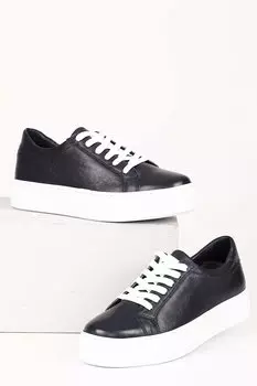 Женские кроссовки из натуральной кожи с круглым носком и мягкой подошвой на шнуровке 24240 GNDER(R), темно-синий