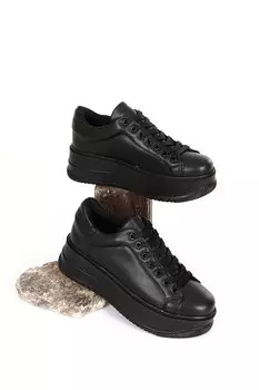 Женские кроссовки на танкетке с круглым носком и шнуровкой 35257 GNDER(R), черный