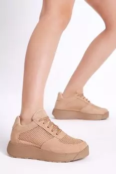 Женские кроссовки светло-коричневого цвета с удобной посадкой на высокой подошве из дышащей ткани на шнуровке TONNY BLACK