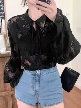 Женские кружевные блузки с длинными рукавами и галстуком на лето/весну Dazy, черный