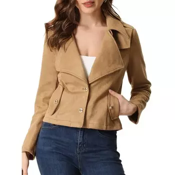 Женские куртки из искусственной замши Мотобайкерская куртка с воротником с лацканами ALLEGRA K, цвет Camel