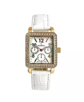 Женские квадратные наручные часы с позолотой 14K, европейскими кристаллами и белым кожаным ремешком Peugeot, белый