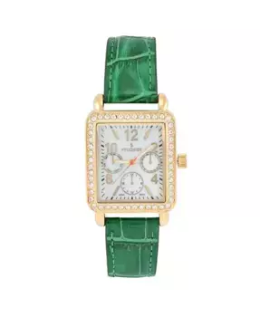Женские квадратные наручные часы с позолотой 14K, европейскими кристаллами и зеленым кожаным ремешком Peugeot, зеленый