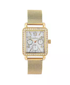 Женские квадратные наручные часы с позолотой 14K, размер 35x30 мм, на сетчатом браслете Peugeot