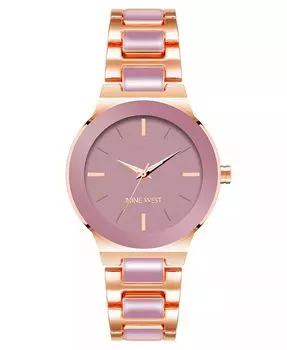 Женские кварцевые часы-браслет из сплава с розово-лиловой эмалью и звеньями цвета розового золота, 34 мм Nine West, мультиколор