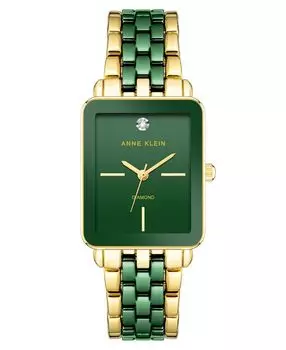 Женские кварцевые прямоугольные часы из золотистого сплава с тремя стрелками и зеленым керамическим браслетом, 26 мм Anne Klein