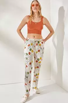 Женские льняные брюки-морковки с цветочным принтом и карманами на поясе Olalook, разноцветный