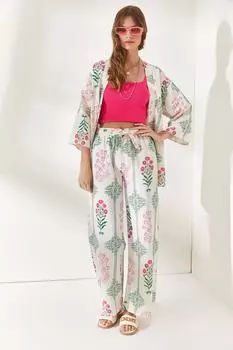 Женские льняные брюки палаццо цвета фуксии с поясом и узором Olalook, розовый