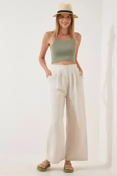 Женские льняные брюки палаццо кремового цвета с высокой талией Happiness stanbul, бежевый